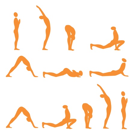 Set of sun salutation yoga exercises, vector illustration.のイラスト素材