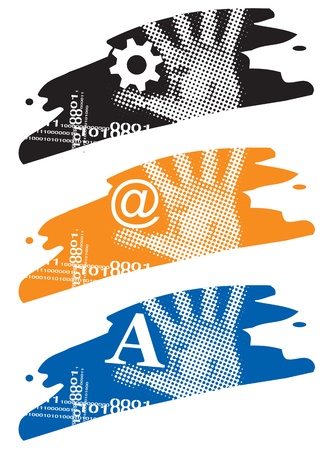 Grunge design raster  elements with hand holding symbols e-mail, gear and letterのイラスト素材