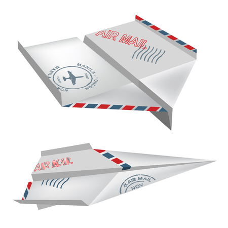 Origami airplanes with post stamps on white background  Vector  illustration のイラスト素材