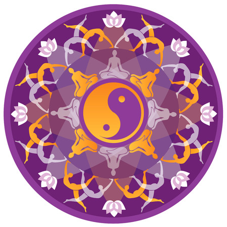 Mandala background with yoga symbols and positions  Vector illustration のイラスト素材