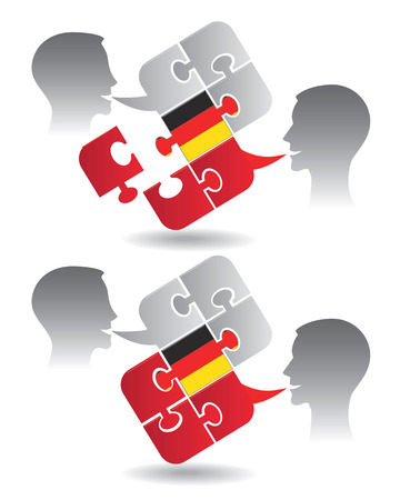 Two students and Puzzle bubble talk with a German flag symbolizing German conversation Vector illustration のイラスト素材