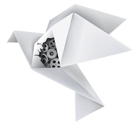 Imaginary mechanical origami pigeon with a hole in the wing, revealing gears Vector illustration Imaginary mechanical origami pigeon with a hole in the wing, revealing gears Vector illustration