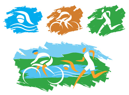 Icons symbolizing triathlon, swimming, running and cycling and outdoor sports  Illustration のイラスト素材