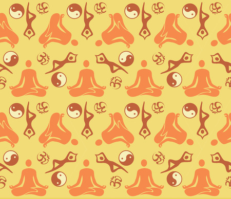 Decorative pattern background with yoga symbols and positions  Vector illustration のイラスト素材