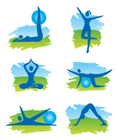 Set of fitness symbols on the colorful background imitating watercolors  Vector illustration のイラスト素材