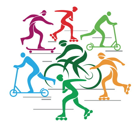 Vector background with people riding bike, scooter, in line skate  のイラスト素材