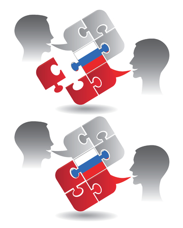 Two students and Puzzle bubble talk with a Russian flag symbolizing Russian conversation Vector illustrationのイラスト素材