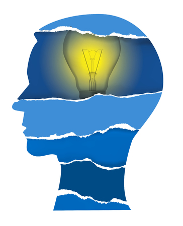 Paper Head silhouette with torn paper with light bulb symbolizing creativity and idea.のイラスト素材