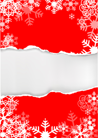 Red grunge  snowflakes background with torn paper with place for your text or image. Vector illustration.のイラスト素材