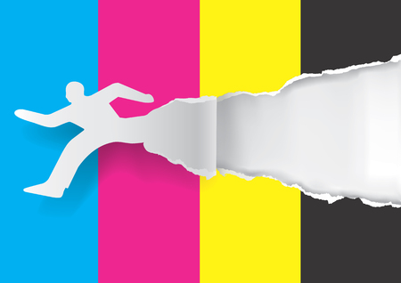 Paper silhouette of  running man ripping paper with print colors with place for your text or image.  Concept for presenting fast color printing. Vector illustration.のイラスト素材