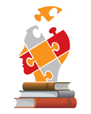 Three books and puzzle head silhouette. Concept symbolizing reading and education. Vector illustration.のイラスト素材