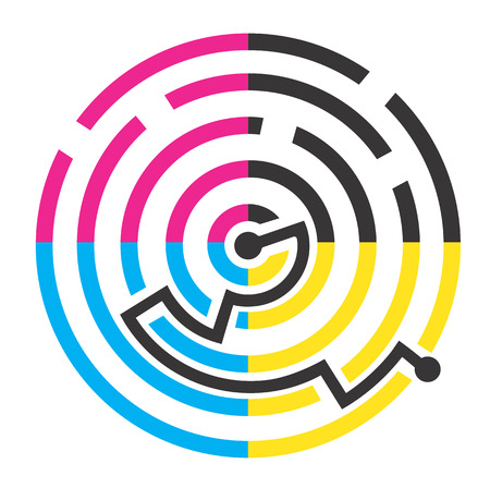 Labyrinth of print colors symbolizing successful solution of color printing. Vector illustration.のイラスト素材