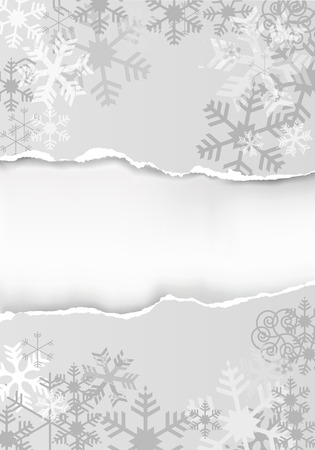 Grey grunge  snowflakes background with torn paper with place for your text or image. Vector illustration.のイラスト素材