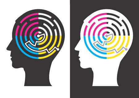 Head silhouettes with Labyrinth of print colors symbolizing successful solution of color printing. Vector illustration.のイラスト素材