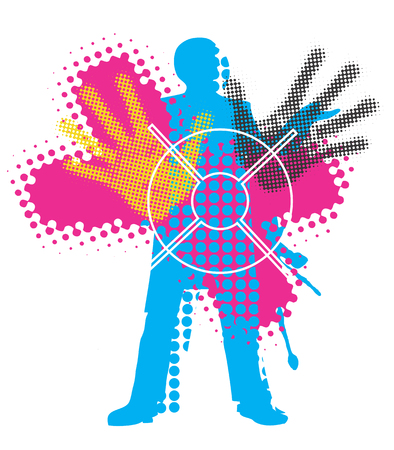 Grunge background with Male silhouette  with print colors. Concept for presenting color printing press.Ilustration.のイラスト素材