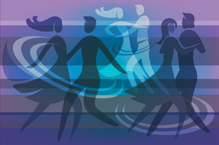 Colorful  background with silhouettes of  dancing couples. Illustration.のイラスト素材