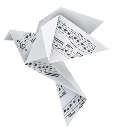 Origami paper pigeon with with musical notes. Theme to use for music notebook and hymnals. Vector illustration.のイラスト素材
