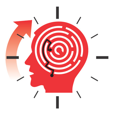 Male head silhouette with labyrinth and watch symbolizing Deadline and Stress.のイラスト素材