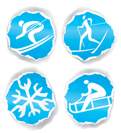Four original winter sport icons on the ripped blue paper for cool design. Vector illustration.のイラスト素材