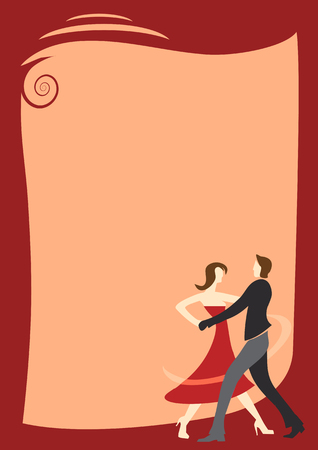 Decorative frame with dancing couple with  place for your text. Template for invitation or poster. Illustration.のイラスト素材