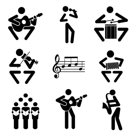 Set of black illustrations of musical notes and musicians.のイラスト素材