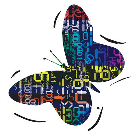 Butterfly silhouette with digital numbers. Concept for information technology.Illustration.のイラスト素材