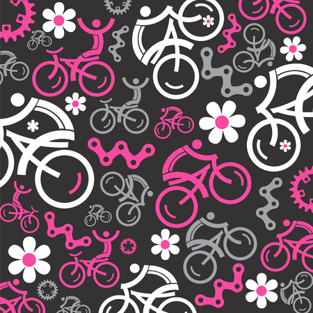Funny Colorful cycling background with cycling icons and flowers. Illustration.のイラスト素材
