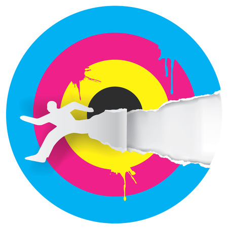Target with print colors and Male silhouette ripped paper. Concept for presenting color printing press.Vector illustration.のイラスト素材
