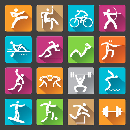 Set of colorful trendy icons with long shadow with sport and fitness activities for web or mobile phone aplication. Vector illustration.のイラスト素材