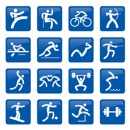 Set of blue web icons, buttons with sport and fitness activities. Vector illustration.のイラスト素材