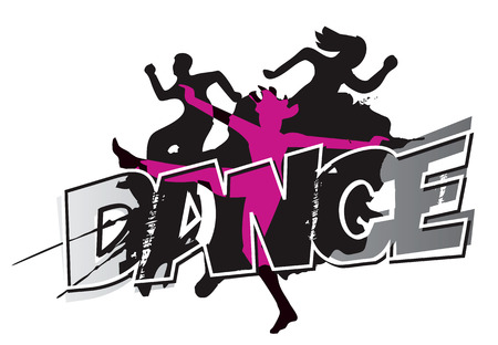 Disco and modern dancing Dancers silhouettes on the inscription Dance and grunge black background . Vector illustration.のイラスト素材