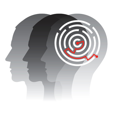 Three male head silhouettes with maze. Concept of team corporation. Vector illustration.のイラスト素材