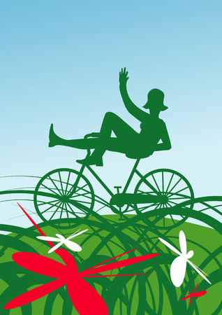 Woman silhouette on bike on the summer meadow. Vector illustration.のイラスト素材