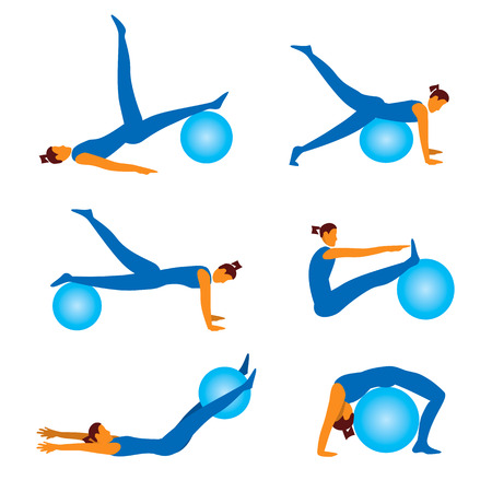 Set of fitness icons with Woman exercising with ball. Vector illustration.のイラスト素材