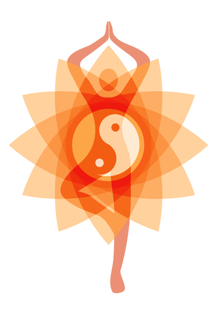 Orange yoga abstract background with  yoga position and ying and yang symbol. のイラスト素材