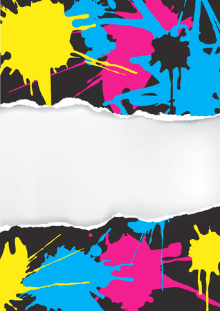 Torn Paper background with with print colors splatters. Concept for presenting color printing press.Vector available.のイラスト素材