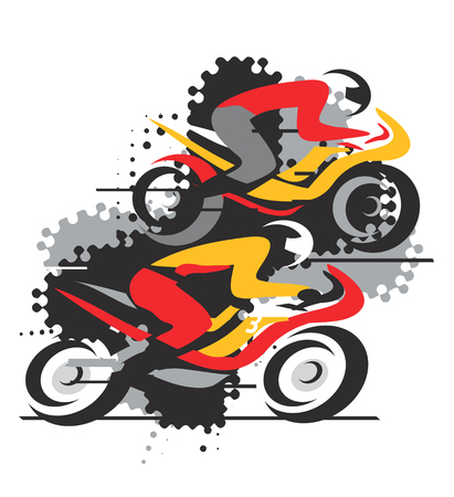 Two motorcycle competitors in the final stretch on the grunge background. Vector available.のイラスト素材