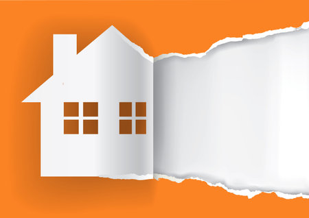 House for sale advertisement template.  Illustration of ripped paper paper house symbol with place for your text or image.  Vector available.のイラスト素材