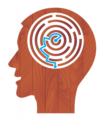 Smart wooden Solutions. Male head wooden silhouette with maze , symbolizing smart solution with wooden material. Vector available.のイラスト素材
