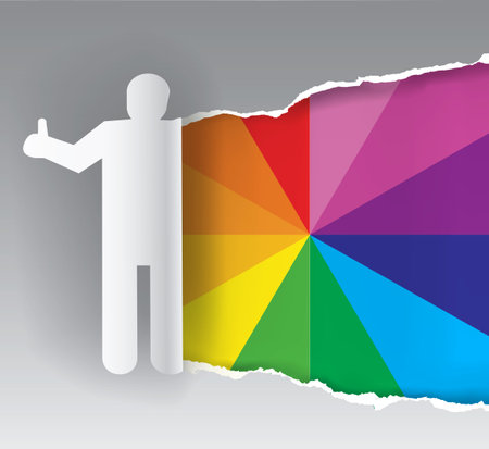 Paper silhouette of man ripping paper with color swatch. Concept for presenting of paints, print colors.Vector available.のイラスト素材
