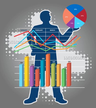 Economic Results presentation.  Economist stylized silhouette with charts and numbers. Vector available.