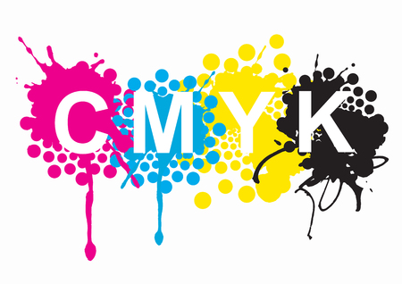 CMYK print colors.  CMYK cyan magenta yellow black inks and sign on white background. Concept for presenting color printing.のイラスト素材