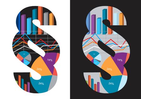 Law and Economics symbol. Paragraph symbol  with charts and numbers symbolizing Law and Economics. Isolated variants on the white and black background.のイラスト素材