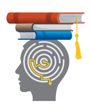 Graduate With Books And Maze. Stylized male head silhouette with maze and with books on the head symbolizing mortarboard.のイラスト素材