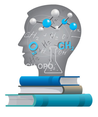 Student of chemistry.  Male head silhouette with chemistry symbols and formulas.のイラスト素材