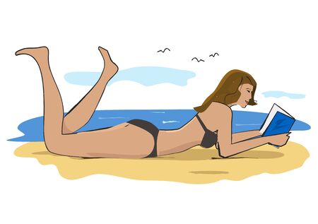 Girl on a beach with a book. Girl lying on a sandy beach with a book. Vector available.のイラスト素材