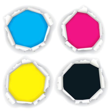 Torn paper holes with print colors. Illustration of four white paper torn hole with print colors. Concept for presenting of color printing.のイラスト素材