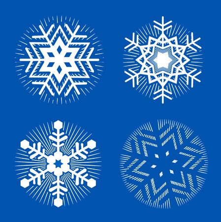 Set of white decorative snowflakes. Four original stylized snow flakes on the blue background. Vector available.のイラスト素材