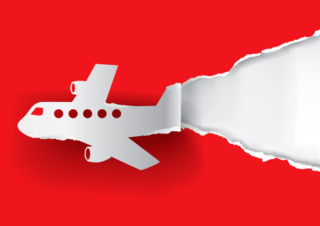 Red Airplane ripping paper. Place for your text or image.  Vector available.のイラスト素材
