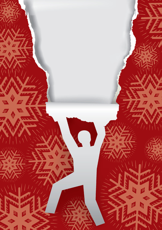 Man ripping christmas paper.  Paper Male silhouette ripped  Red decorative christmas paper.Vector available.のイラスト素材
